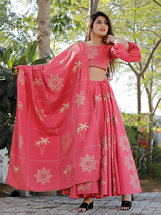 Pink Hand Block Printed Lehenga Set