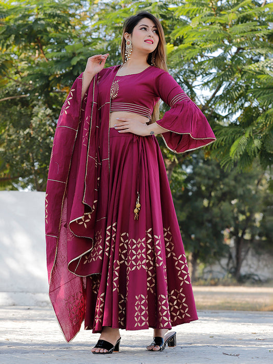 Wine Hand Block Printed Lehenga Set