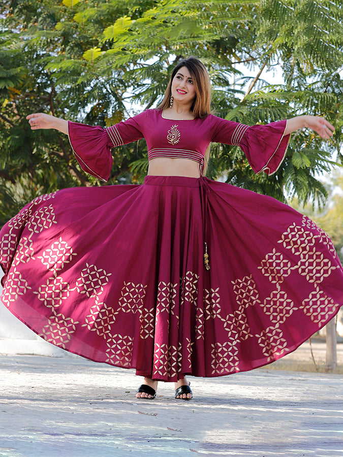 Wine Hand Block Printed Lehenga Set