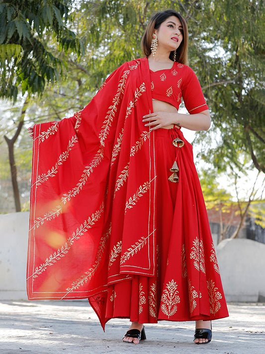 Red Hand Block Printed Lehenga Set