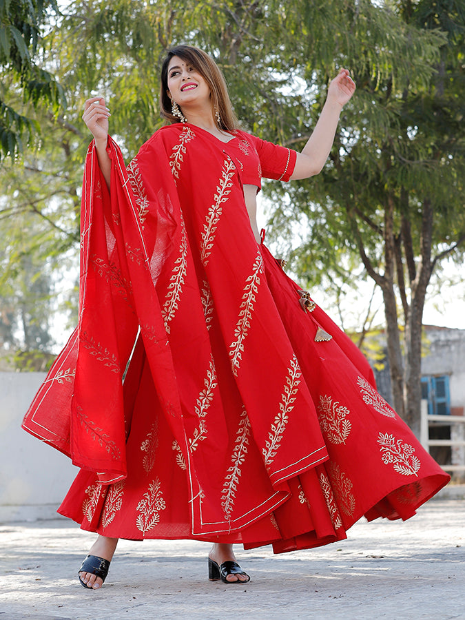 Red Hand Block Printed Lehenga Set