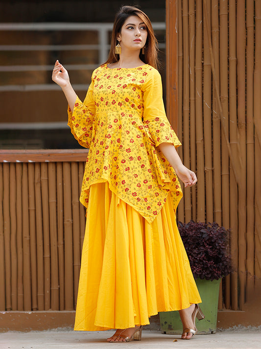 Cotton Yellow Lehenga Choli Set.