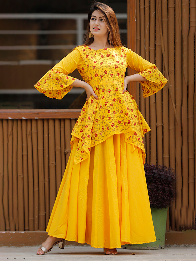 Cotton Yellow Lehenga Choli Set.