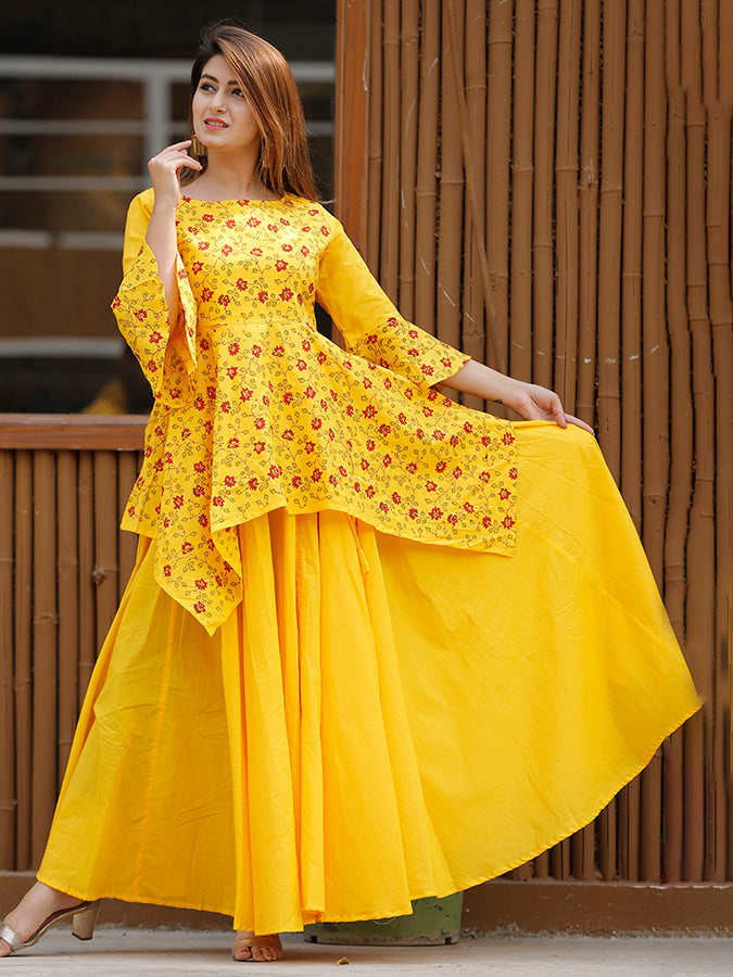 Cotton Yellow Lehenga Choli Set.
