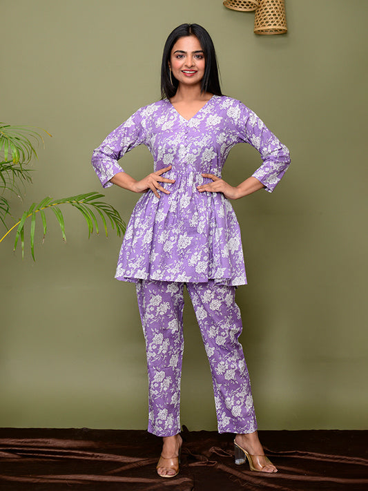 Purple Floral Printed Loungewear Set