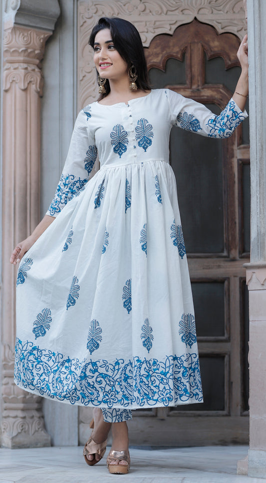 Anarkali White Hand Block Printed Kurta Set.