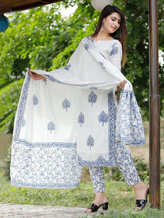 Off White Hand Block Printed Suit Set