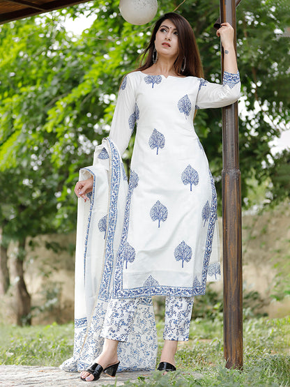 Off White Hand Block Printed Suit Set