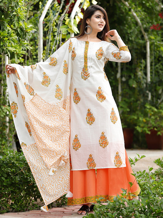 Off White Hand Block Printed Palazzo Set