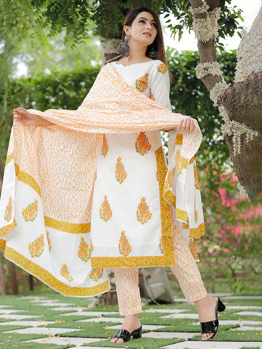 Off White Hand Block Printed Suit Set