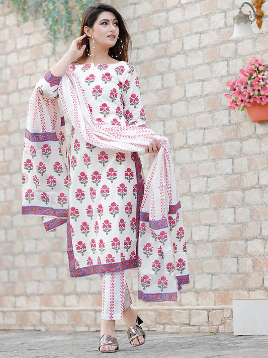 Off White Hand Block Printed Suit Set