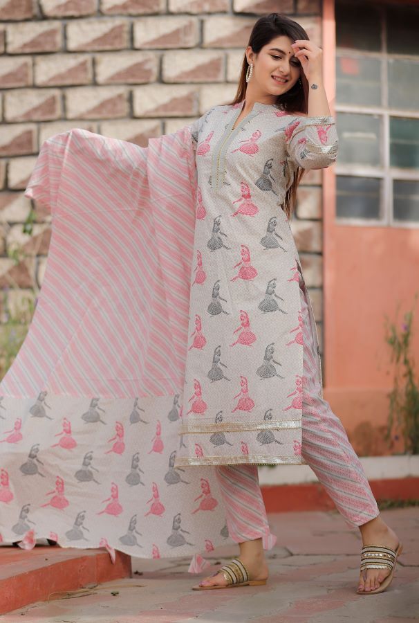 Cream Pink Floral Printed Suit Set