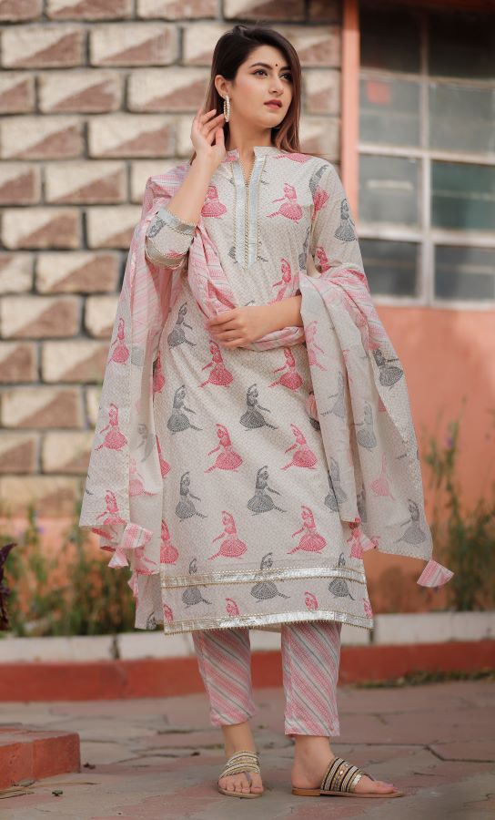 Cream Pink Floral Printed Suit Set
