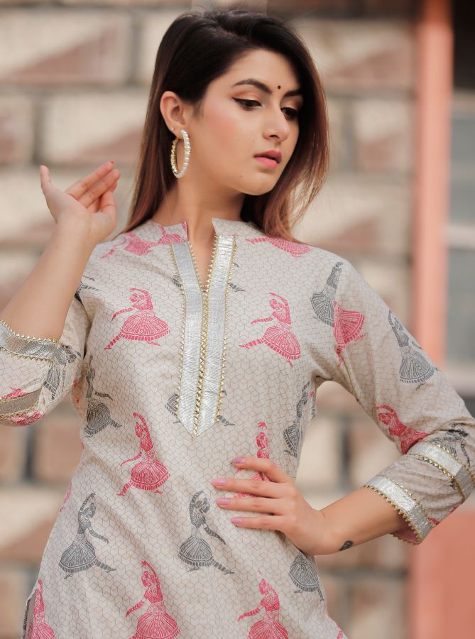 Cream Pink Floral Printed Suit Set
