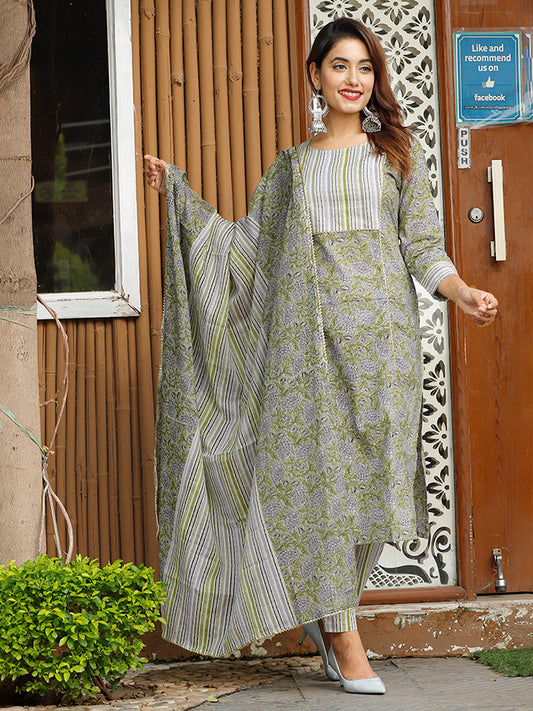 Gray Floral Printed Suit Set
