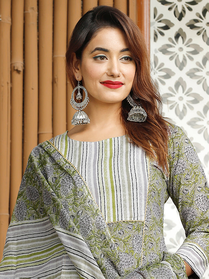 Gray Floral Printed Suit Set