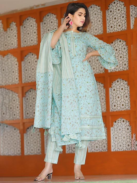 Turquoise Blue Floral Printed Suit Set