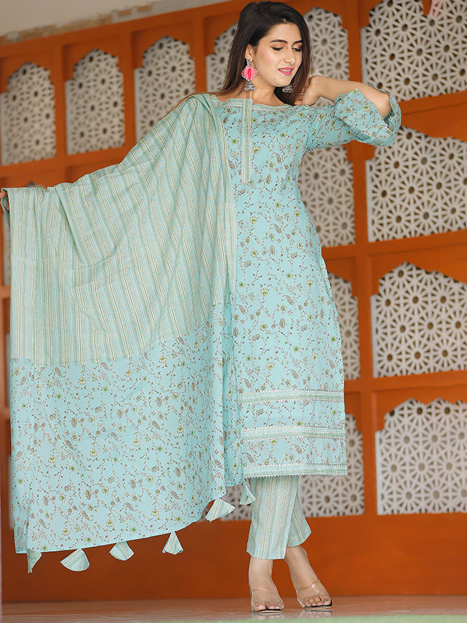 Turquoise Blue Floral Printed Suit Set