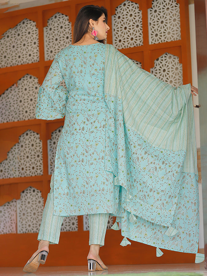 Turquoise Blue Floral Printed Suit Set