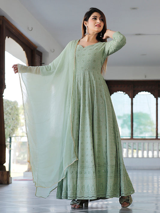 Mint Green Chikankari Embrodiery Anarkali Set