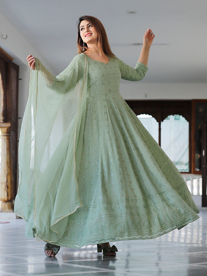 Mint Green Chikankari Embrodiery Anarkali Set