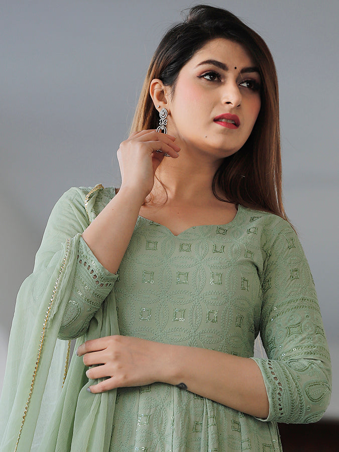 Mint Green Chikankari Embrodiery Anarkali Set