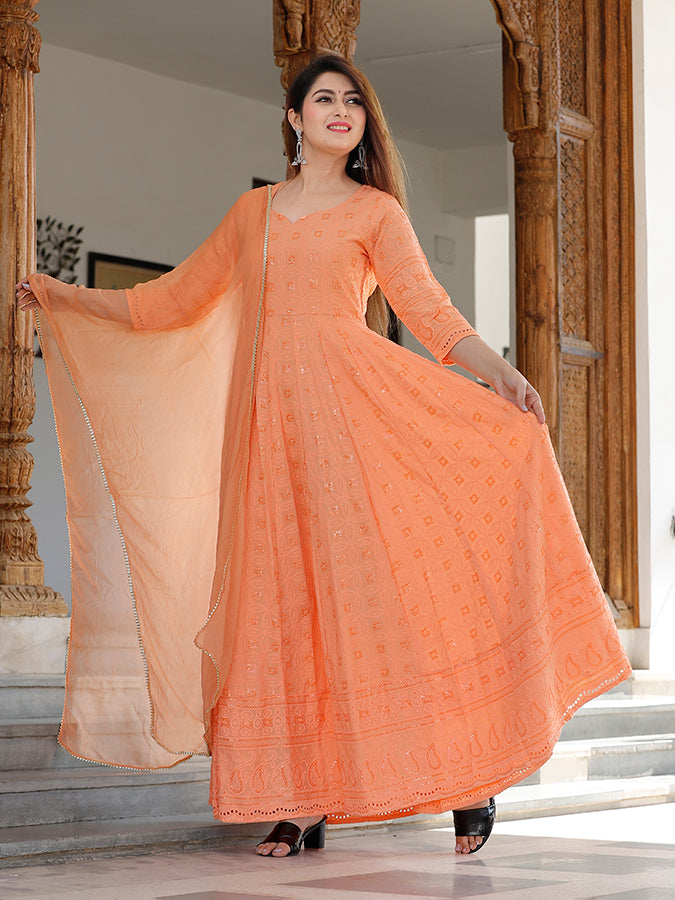 Orange Chikankari Embrodiery Anarkali Set