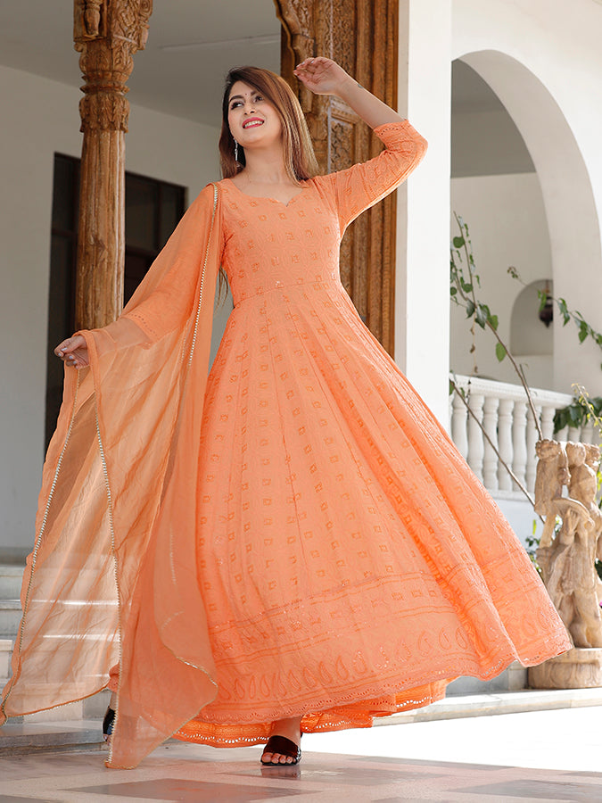 Orange Chikankari Embrodiery Anarkali Set