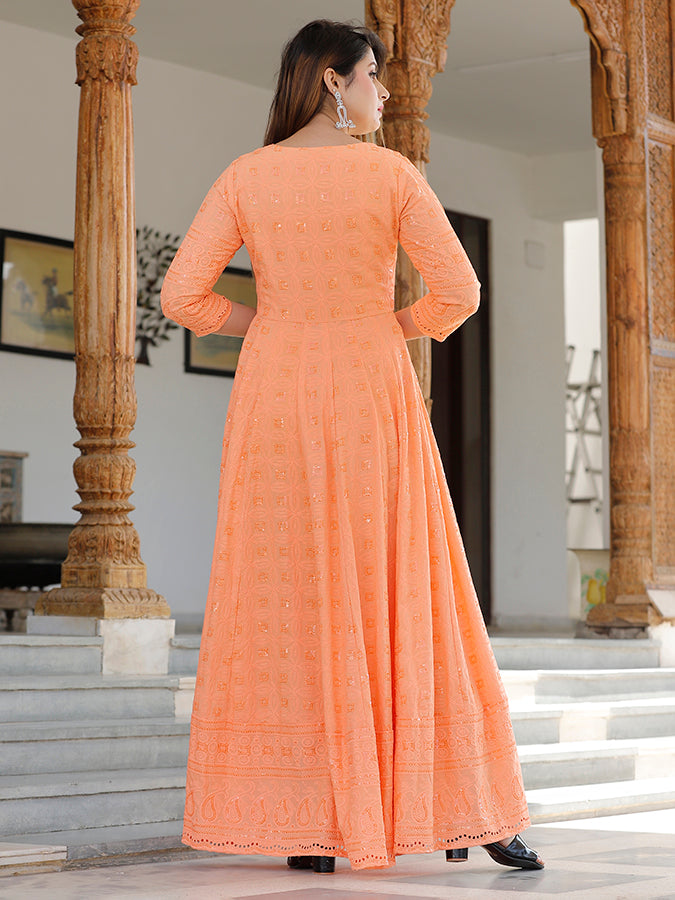 Orange Chikankari Embrodiery Anarkali Set