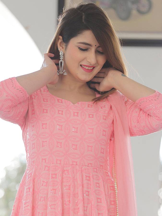 Pink Chikankari Embrodiery Anarkali Set