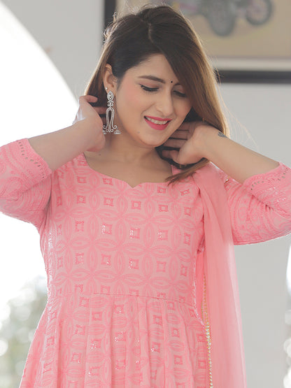 Pink Chikankari Embrodiery Anarkali Set