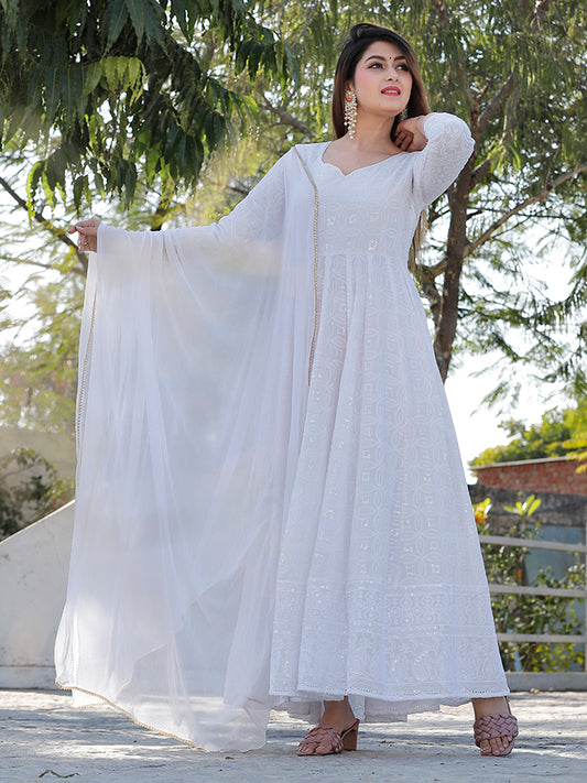 White Chikankari Embrodiery Anarkali Set