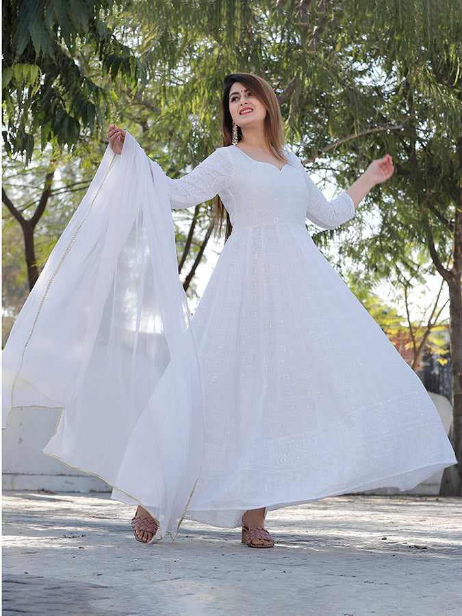 White Chikankari Embrodiery Anarkali Set