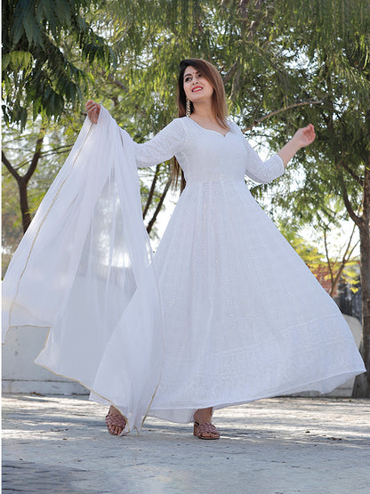 White Chikankari Embrodiery Anarkali Set