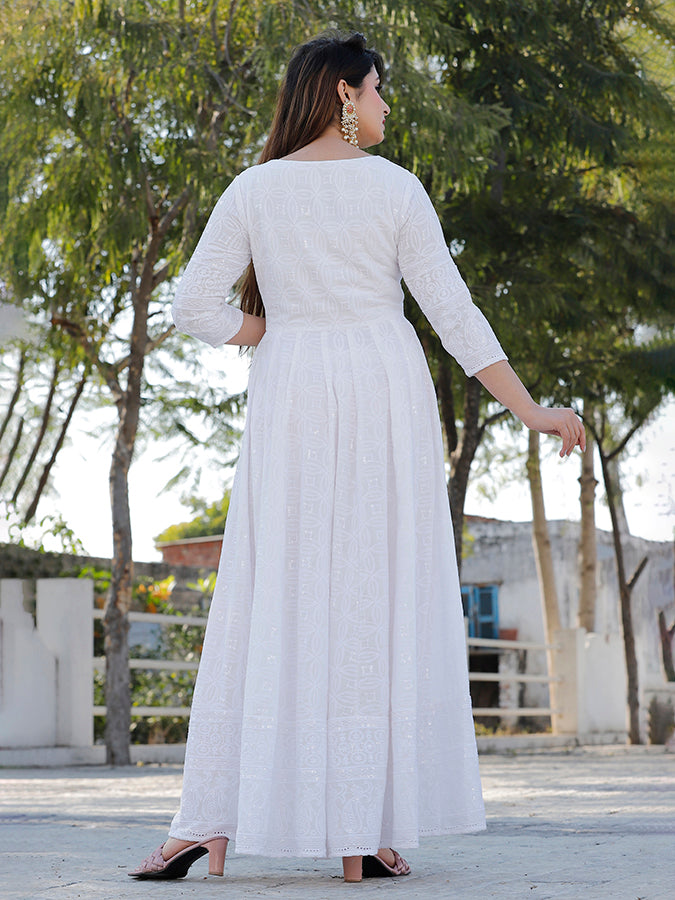 White Chikankari Embrodiery Anarkali Set