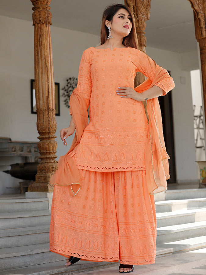Orange Chikankari Sharara Set