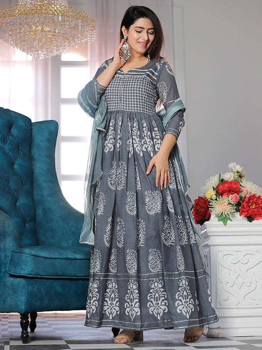 Charcoal Gray Floral Printed Dress