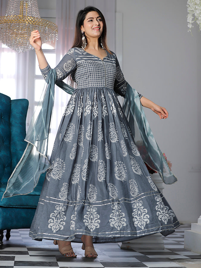 Charcoal Gray Floral Printed Dress